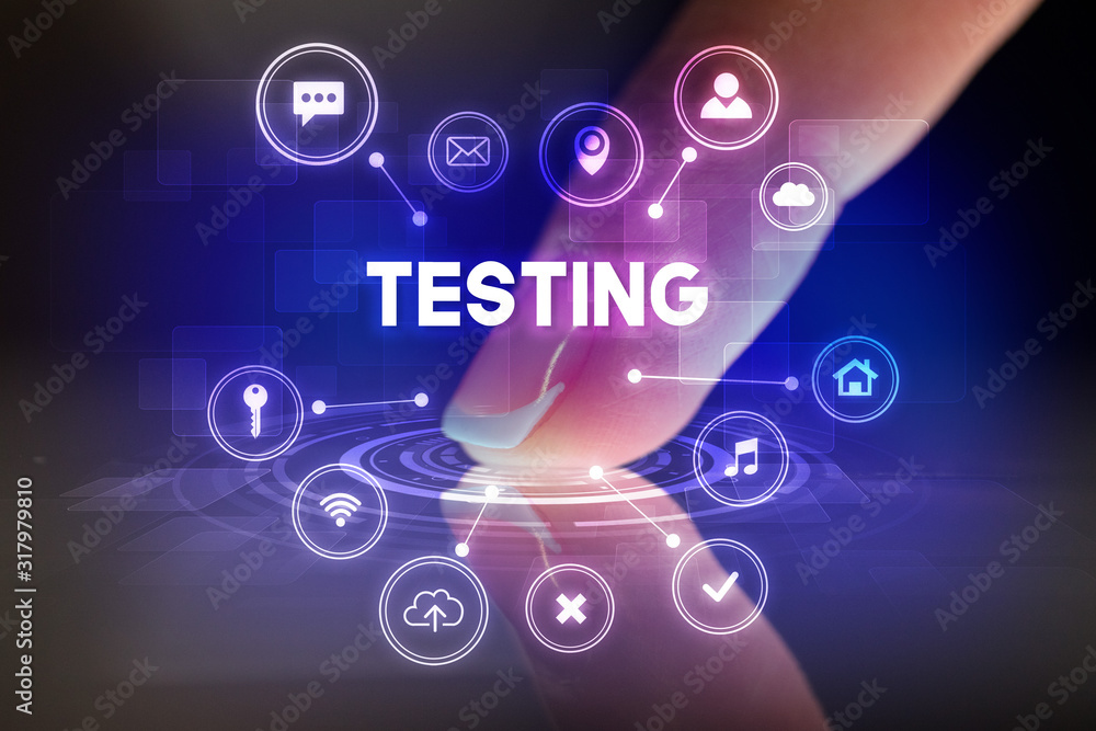 Aufkleber Finger touching tablet with web technology icons and TESTING inscription, web technology concept