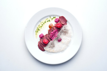 Carpaccio. Set Food Menu On A White Plate. Top view of light dish perfect served.