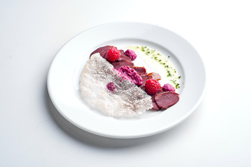 Carpaccio. Set Food Menu On A White Plate. Top view of light dish perfect served.