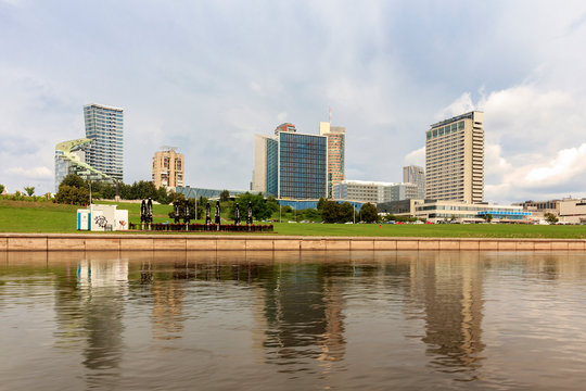 VILNIUS CITY, LITHUANIA, EASTERN EUROPE  MODERN OFFICE BUILDINGS SKYSCRAPERS IN BUSINESS DISTRICT NEW CITY CENTER. PANORAMIC VIEW ON SUMMER TIME. real estate