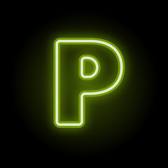 Green neon letter P with glow on black background. Blur effect is made with mesh. Vector illustration
