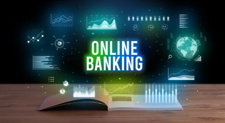 ONLINE BANKING inscription coming out from an open book, creative business concept