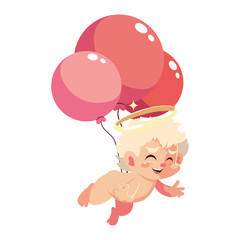 cute cupid angel with helium balloons on white background