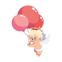 cute cupid angel with helium balloons on white background
