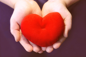 two hands hold toy soft red heart