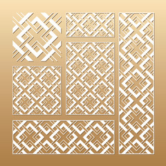 Laser cut vector panels (ratio: 1:1, 1:4, 2:1, 2:3, 3:1). Cutout silhouette with geometric seamless pattern.The set is suitable for engraving, laser cutting wood, metal, stencil manufacturing.