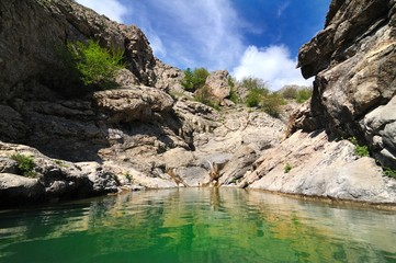 Mountain lake with bright green water