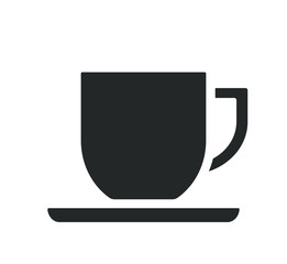 Coffee or tea cup with saucer icon symbol. Cafeteria logo. Vector illustration image. Black silhouette isolated on white background.