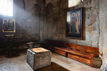 Svetitskhoveli Cathedral monastery indoor. Orthodox church interior in Georgia. Eastern Christian catholic religion building.