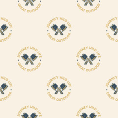 Obraz premium Adventure seamless pattern with camping axes labels badges. Journey wild life. Great outdoor text. Travel wallpaper background. Stock vector