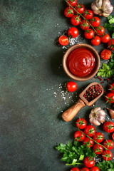 Homemade tomato sauce or ketchup. Top view with copy space.