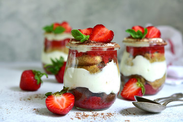 Summer tiramisu cake with fresh strawberry.