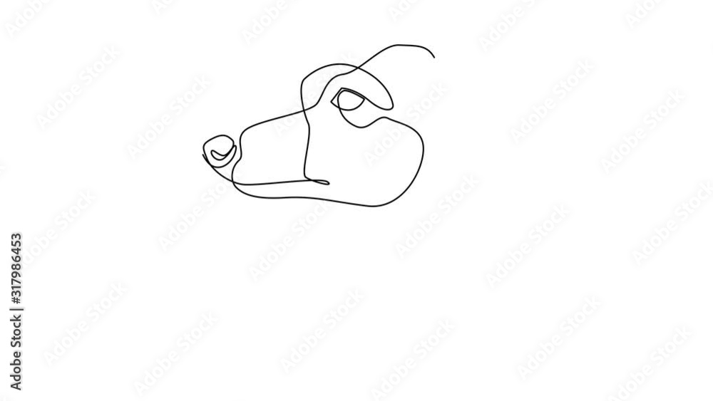 Poster self drawing simple animation of single continuous one line drawing whippet. dog head drawing by han