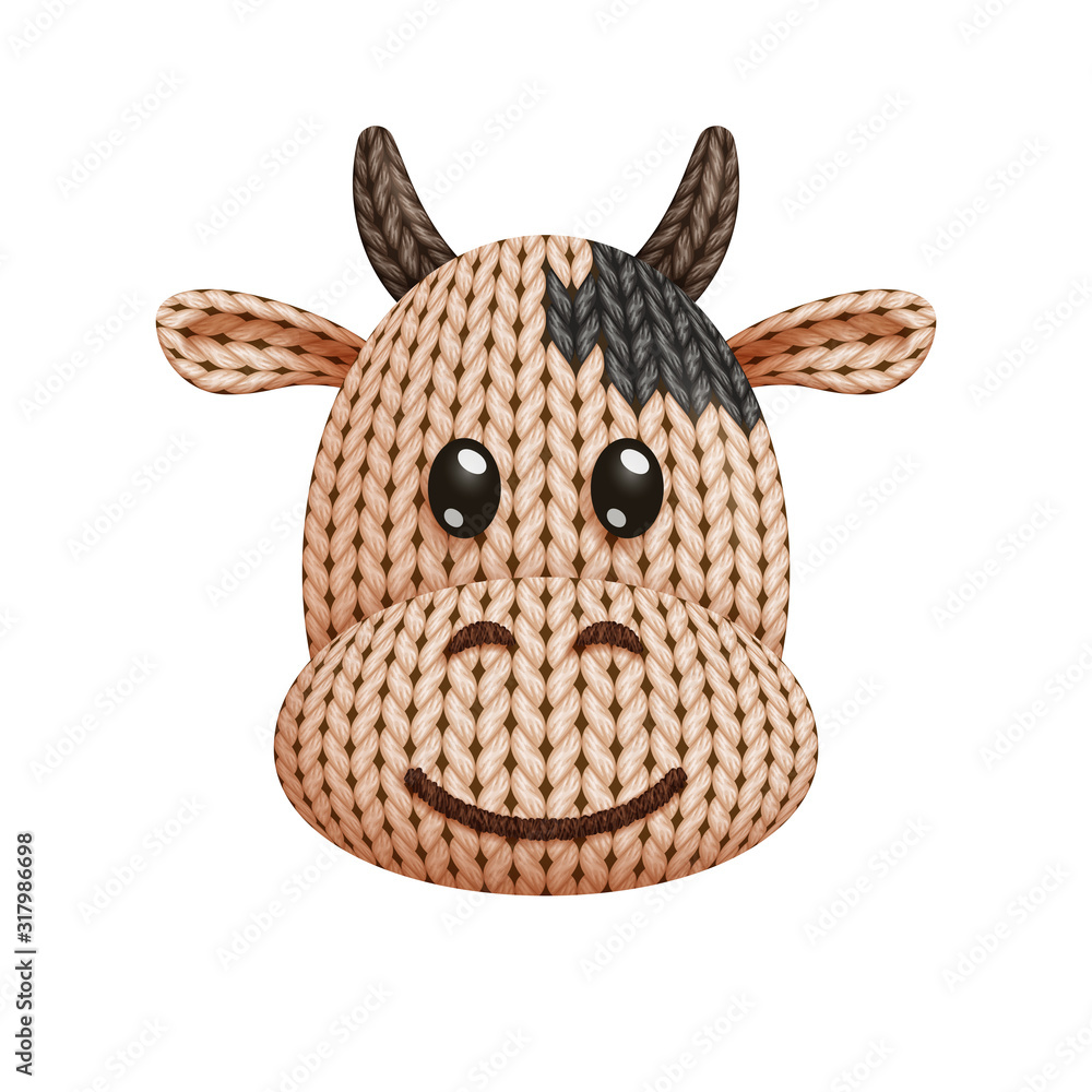 Wall mural illustration of a funny knitted cow toy head. on white background