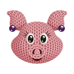 Illustration of a head of a funny knitted  female pig toy. On white background