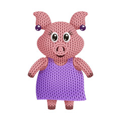 Illustration of a funny knitted  female pig toy in sundress. On white background