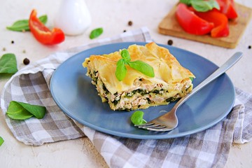 Lasagna with salmon and spinach on a gray clay plate on a light concrete background. Italian food. Pasta Recipes