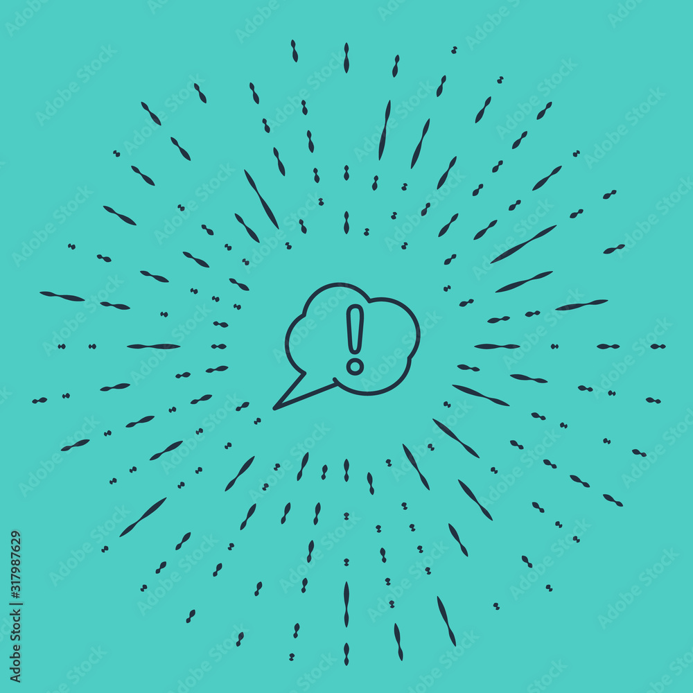 Poster black line speech bubble and exclamation icon isolated on green background. faq sign. copy files, ch