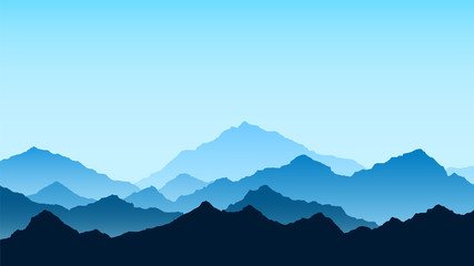 Mountains view in blue colors. Travel and tourism concept. Vector illustration