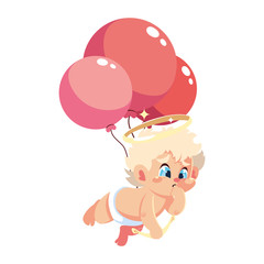 cute cupid angel with helium balloons on white background