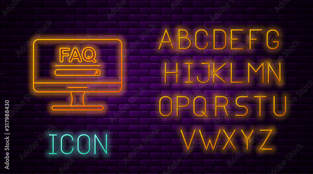Fototapete glowing neon line computer monitor with text faq information icon isolated on brick wall background.
