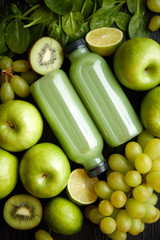 Fresh fruits and vegetables in green color concept