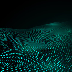 Cyber or technology background in green colors. Warp surface of matter. Abstract digital landscape with flowing particles. Vector illustration