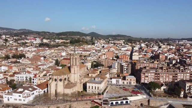 Aerial view of Caldes de Montbui and its church Santa Maria. Medieval roman village in Catalonia, Spain.