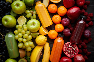 Healthy food concept. Various mixed fruits, vegetables and juices formed in rainbow