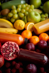 Healthy food concept. Various mixed fruits, vegetables and juices formed in rainbow