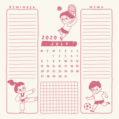2020 Calendar template with kids and sport Equipments : Vector Illustration
