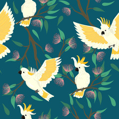 Seamless pattern with cockatoo and flowers. Vector graphics. © Екатерина Зирина