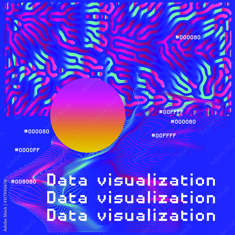 Poster Abstract background with generative art elements. Futuristic and glitched shapes in cyberpunk style, Data visualization concept.