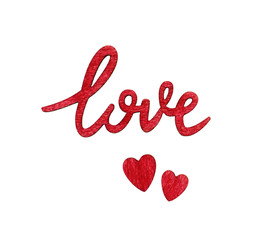 Lettering «love» and red hearts from wood