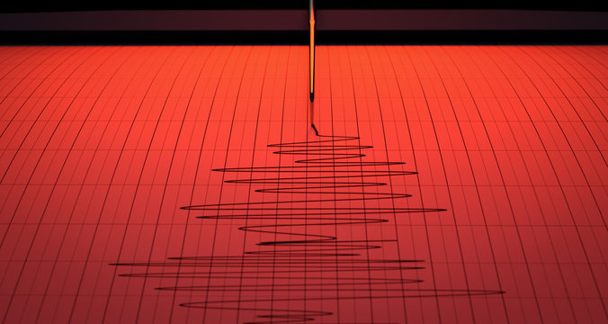 Red alert a closeup of a seismograph machine needle drawing a on graph paper depicting seismic and earthquake activity - 3D Render