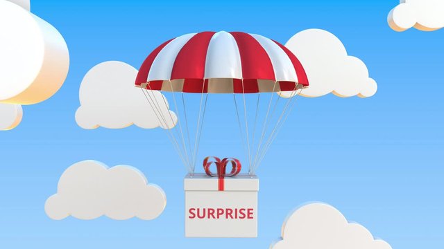 Box with SURPRISE text falls with a parachute. Loopable conceptual 3D animation