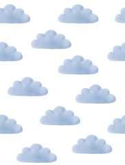 Cute Pattern with Fluffy Blue Clouds Isolated on a White Background. Lovely Nursery Art with Watercolor Clouds. Cloudy Sky Print for Pattern, Fabric, Invitation, Textile, Boys Room Decoration.