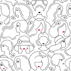 Light vector seamless pattern of drawings of women with different hairstyles and colors on the background