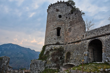 Fototapeta na wymiar Vairano Paterona, Italy, 01/24/2020. The ruins of an abandoned medieval castle