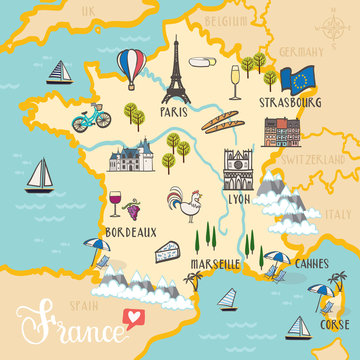 France - hand drawn illustration, map with landmarks