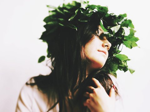 Double Exposure Image Of Young Woman And Tree Against White Background