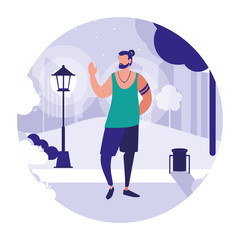 man walking in park in the city