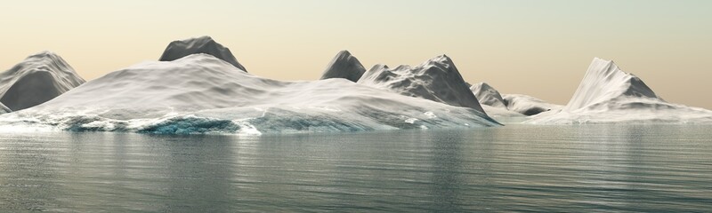Panorama of the sea with ice floes, icebergs in cold water, 3D rendering