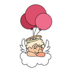cute cupid angel with helium balloons on white background