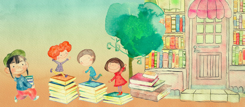 Bookstore. Watercolor illustration for children