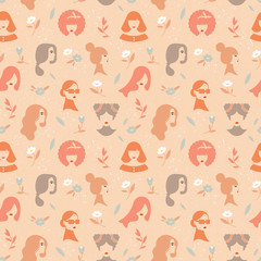 Vector seamless pattern of silhouettes of women in a linear style. On vector noised background.