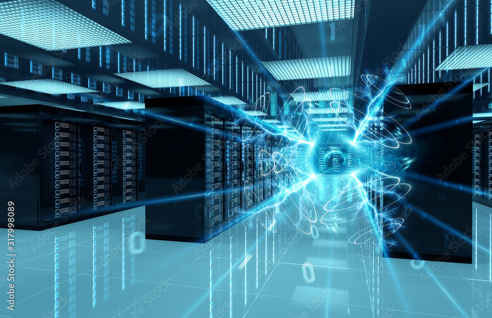 Poster connection network in servers data center room storage systems 3d rendering