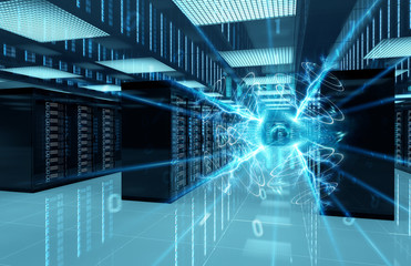 Connection network in servers data center room storage systems 3D rendering