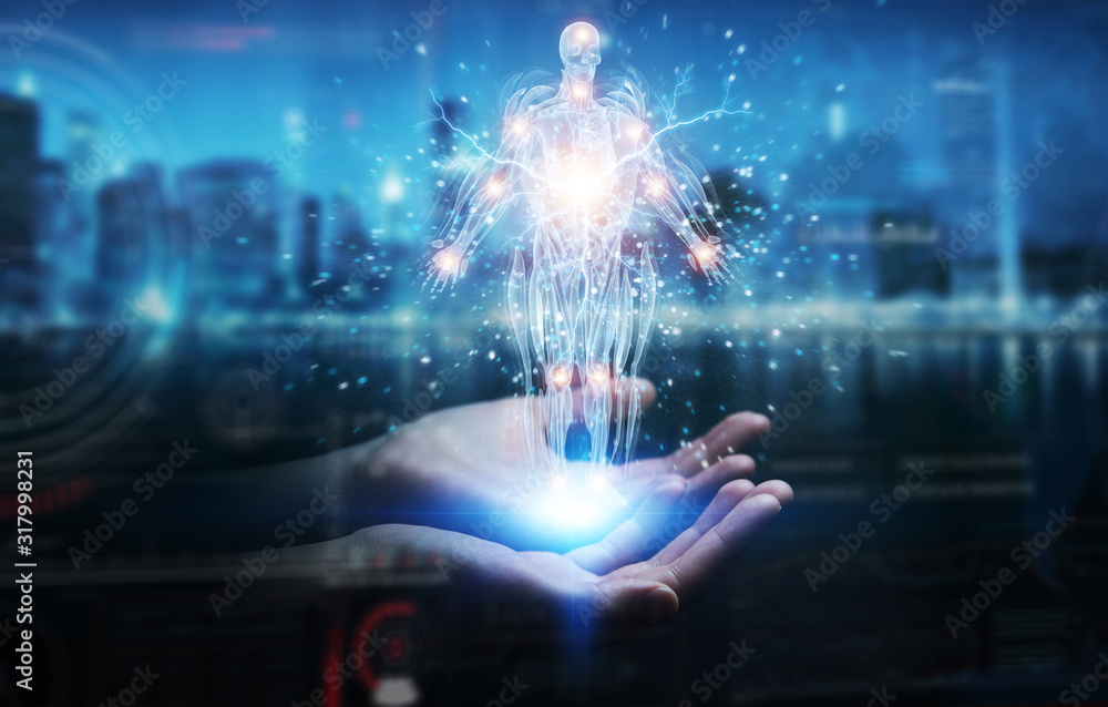 Poster man hand using digital x-ray human body holographic scan projection 3d rendering