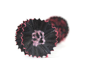 pink pencil and shavings on white paper background